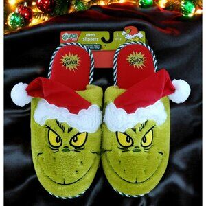 New Grinch Santa Slippers Green Red Plush Christmas House Shoes Mens Large 11/12